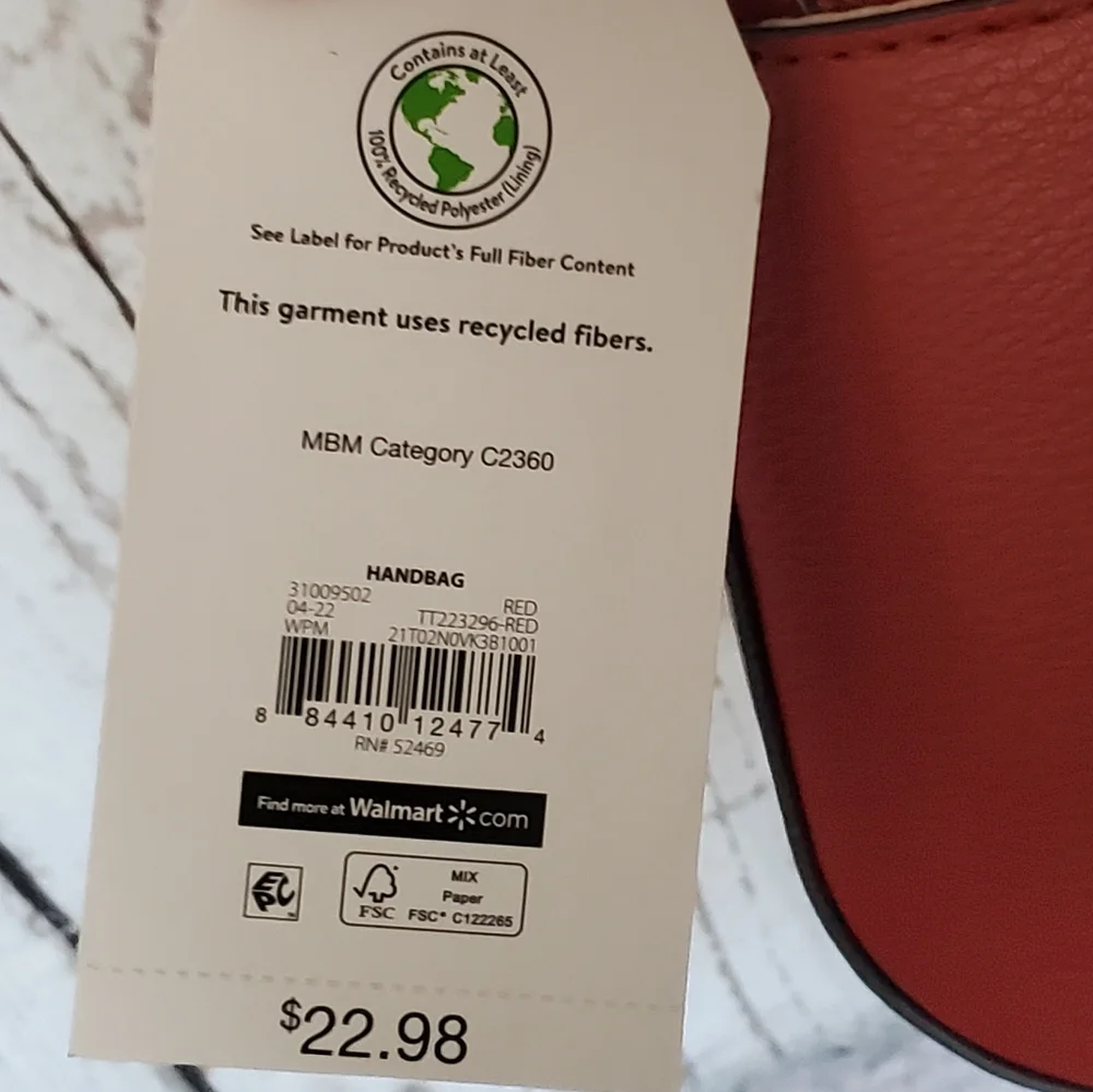 Time and Tru recycled materials vinyl hidden pocket shoulder bag red